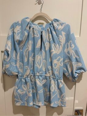 Stine Goya Britney Blue Floral Jacquard Peplum Top Puff Sleeve Size Medium